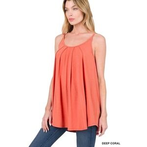 Sleeveless‎ Tank Top Tunic - Pleated Scoop Neck Casual Flowy Deep Coral Size L